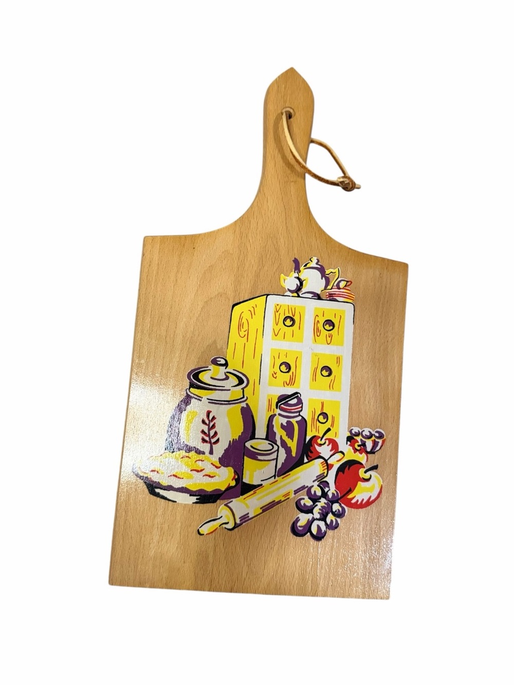 Vintage Nevco Wooden Cutting/Serving Board with Yellow Kitchen Illustration